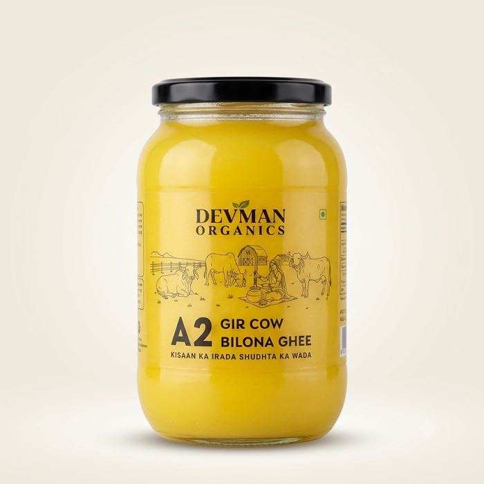 A glass jar of Devman Organics A2 Bilona ghee